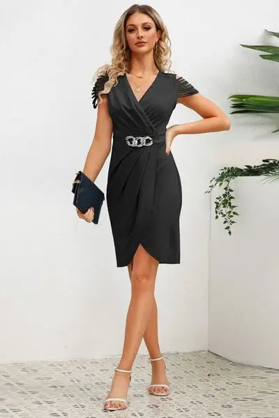 Ruched Surplice Cap Sleeve Mini Dress BLUE ZONE PLANET