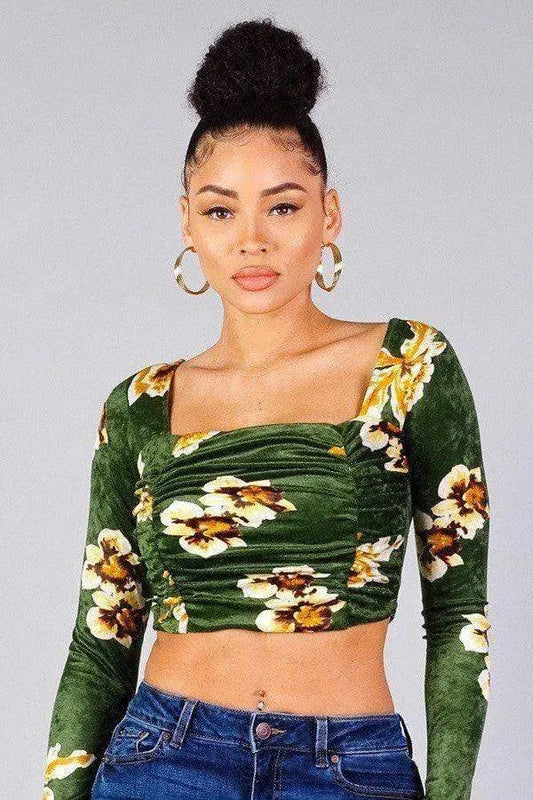 Ruched Velvet Floral Back Tie Crop Top Blue Zone Planet