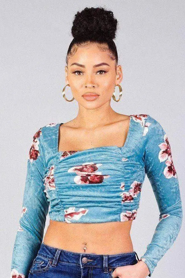 Ruched Velvet Floral Back Tie Crop Top Blue Zone Planet