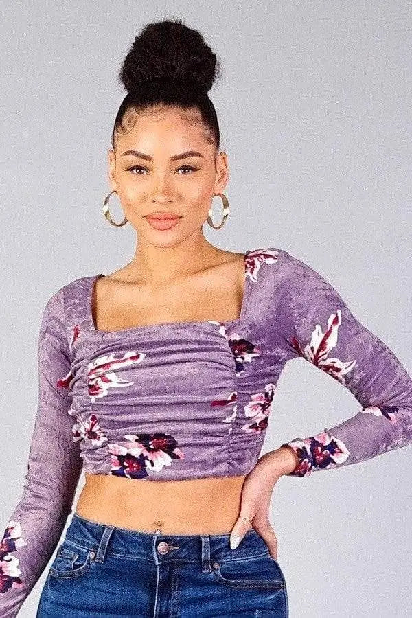 Ruched Velvet Floral Back Tie Crop Top Blue Zone Planet