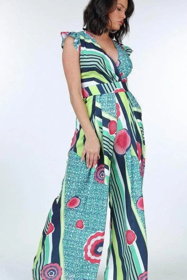 Ruffle Sleeve Surplice Jumpsuit Blue Zone Planet