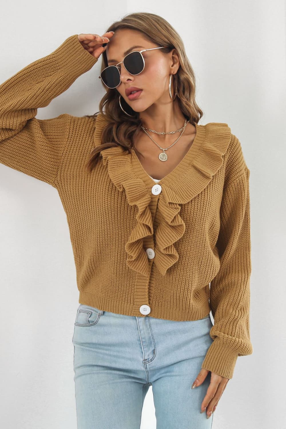 Ruffle Trim Button-Down Dropped Shoulder Sweater BLUE ZONE PLANET