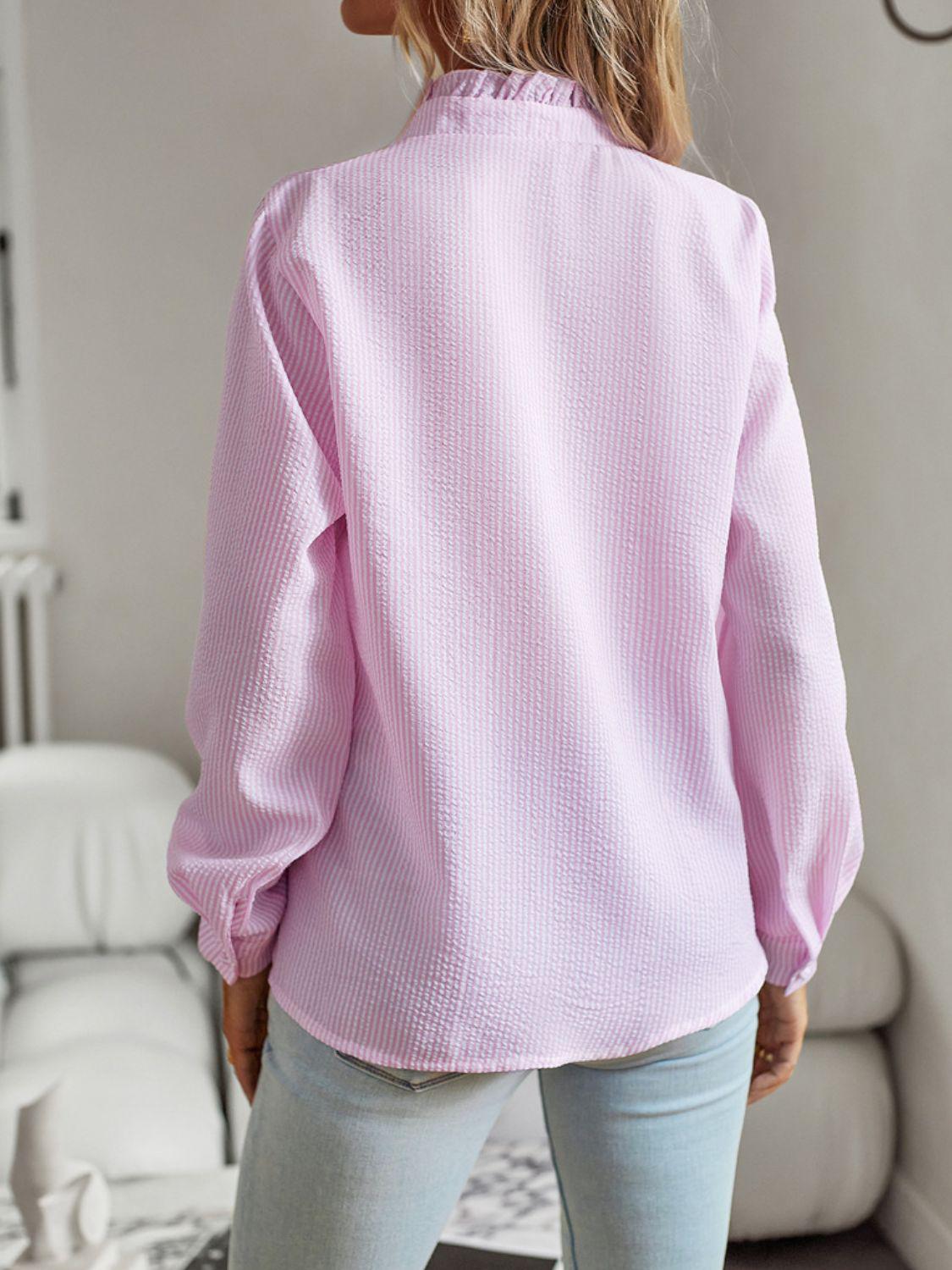 Ruffle Trim Long Sleeve Shirt BLUE ZONE PLANET