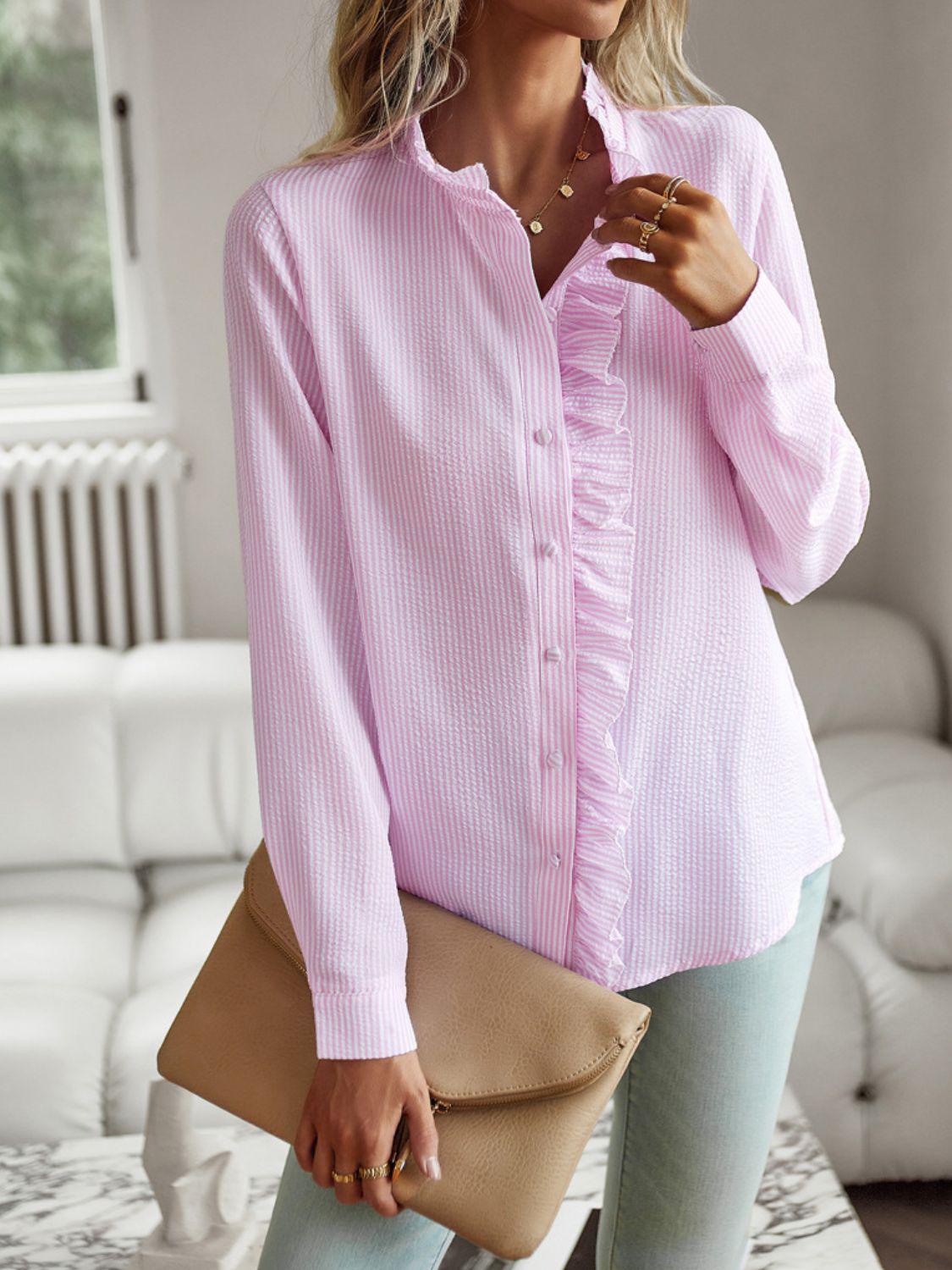 Ruffle Trim Long Sleeve Shirt BLUE ZONE PLANET