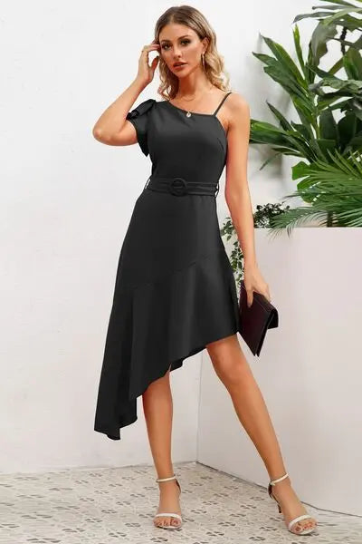 Ruffled Asymmetrical Neck Flutter Sleeve Dress BLUE ZONE PLANET