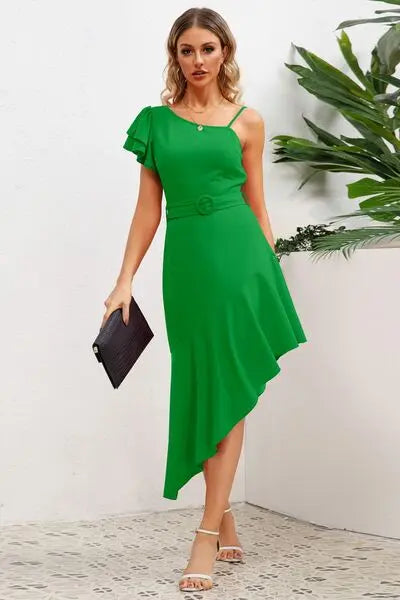 Ruffled Asymmetrical Neck Flutter Sleeve Dress BLUE ZONE PLANET