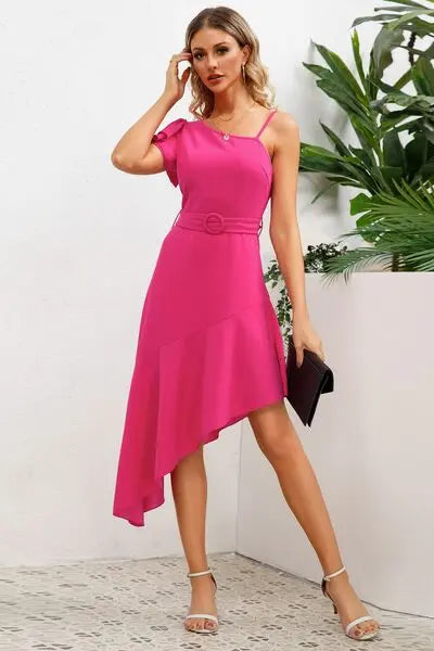 Ruffled Asymmetrical Neck Flutter Sleeve Dress BLUE ZONE PLANET