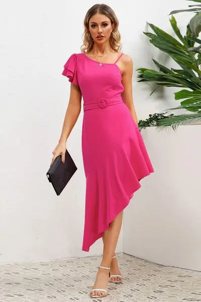 Ruffled Asymmetrical Neck Flutter Sleeve Dress BLUE ZONE PLANET