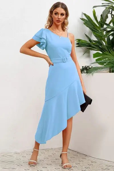 Ruffled Asymmetrical Neck Flutter Sleeve Dress BLUE ZONE PLANET