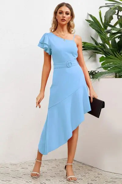 Ruffled Asymmetrical Neck Flutter Sleeve Dress BLUE ZONE PLANET