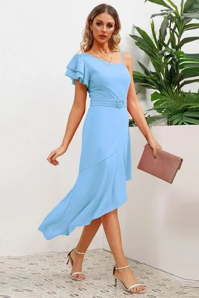Ruffled Asymmetrical Neck Flutter Sleeve Dress BLUE ZONE PLANET