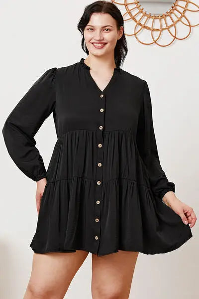 Ruffled Button Up Long Sleeve Tiered Shirt BLUE ZONE PLANET