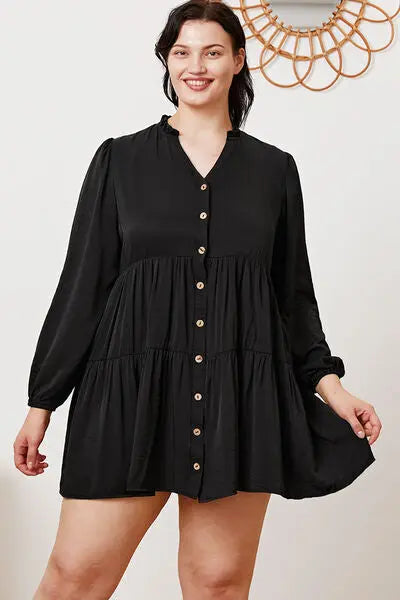 Ruffled Button Up Long Sleeve Tiered Shirt BLUE ZONE PLANET