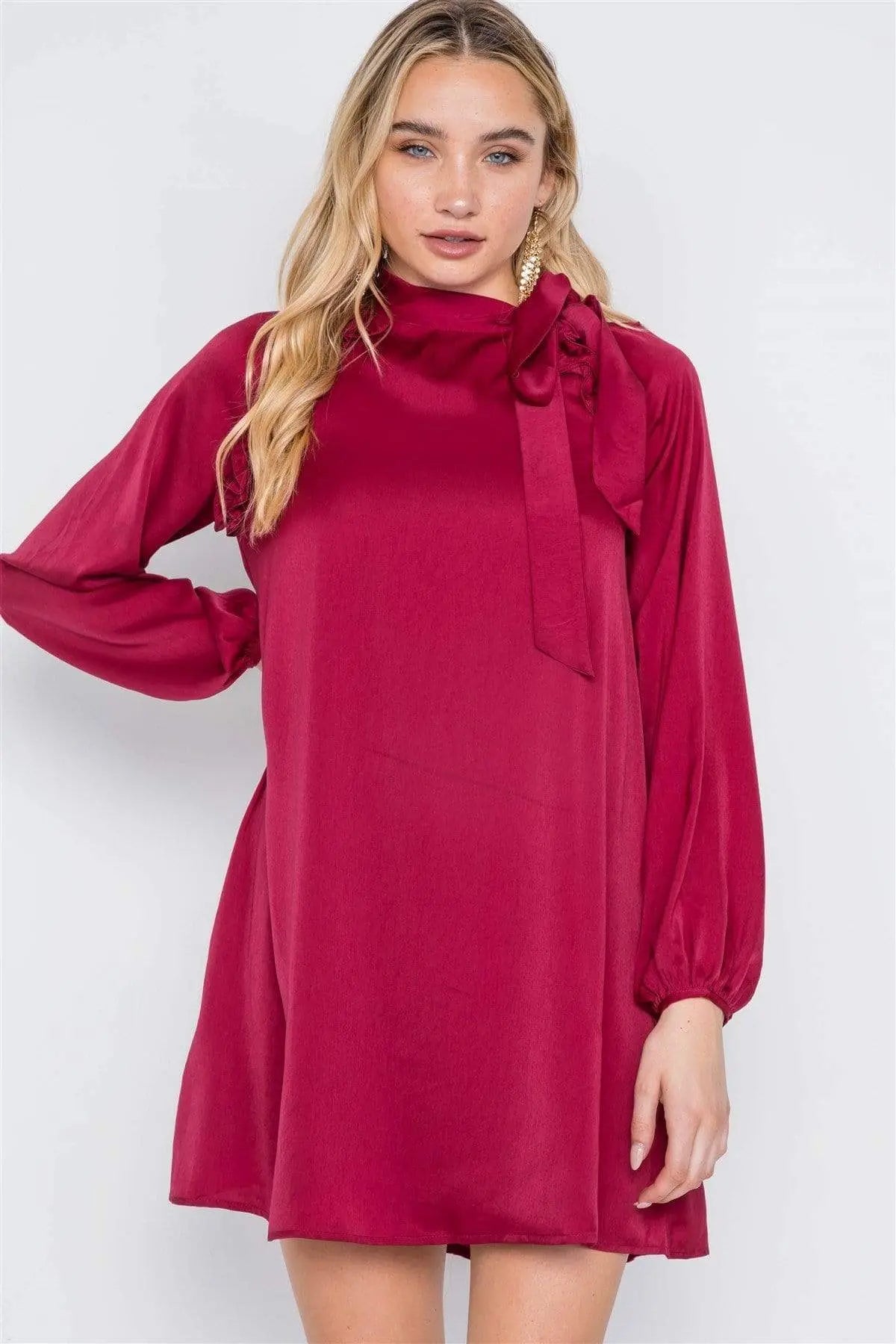 Satin Long Sleeve Side-tie Mini Dress Blue Zone Planet