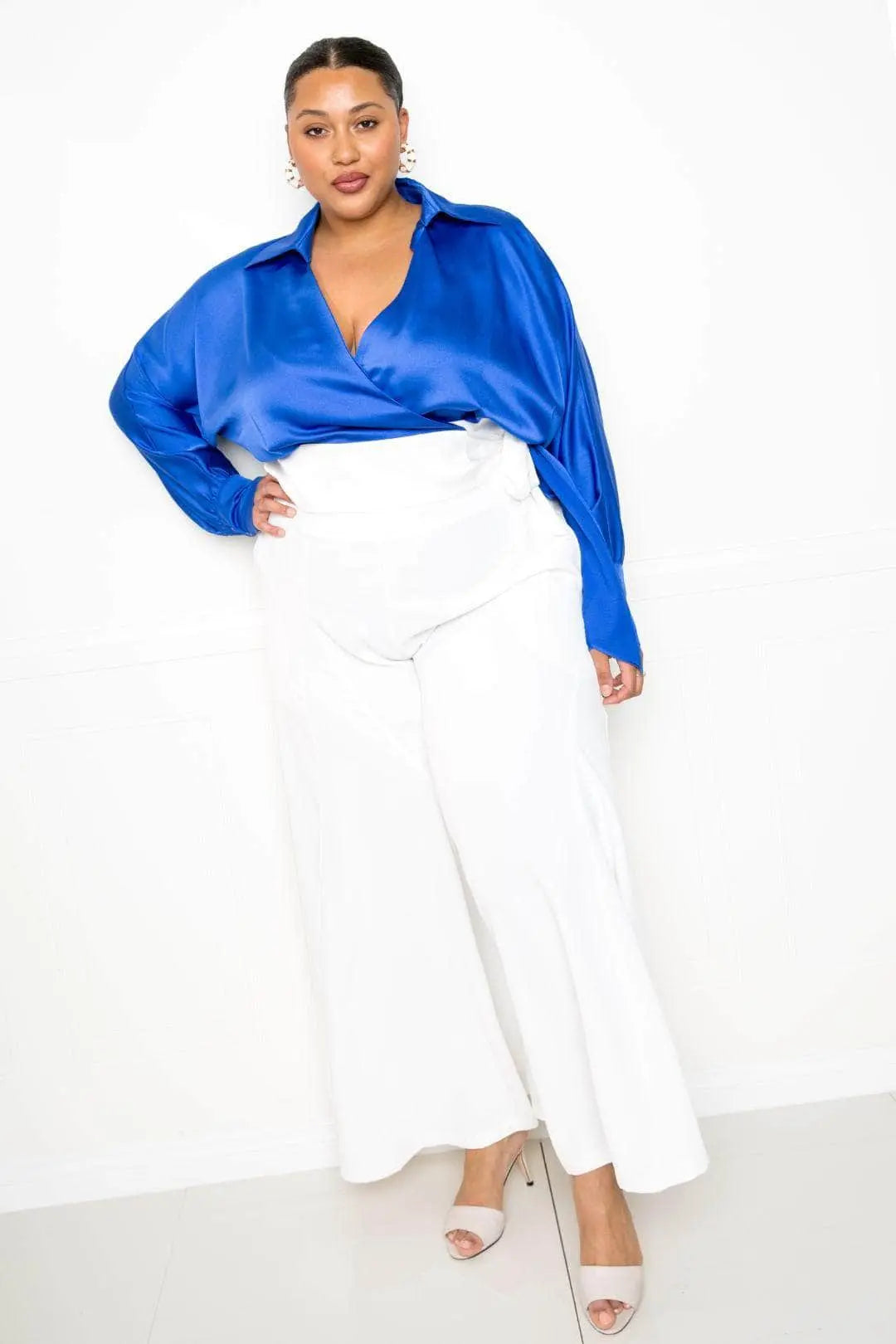 Satin Long Sleeve Tie Waist Wrap Top Blue Zone Planet