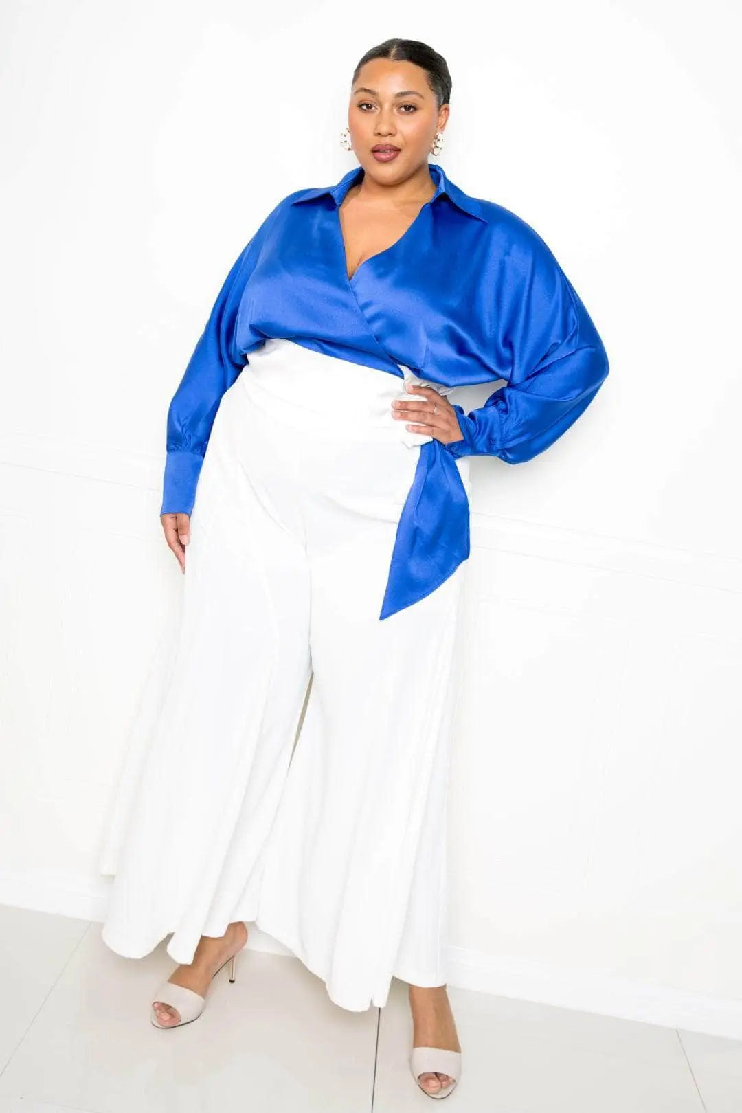Satin Long Sleeve Tie Waist Wrap Top Blue Zone Planet