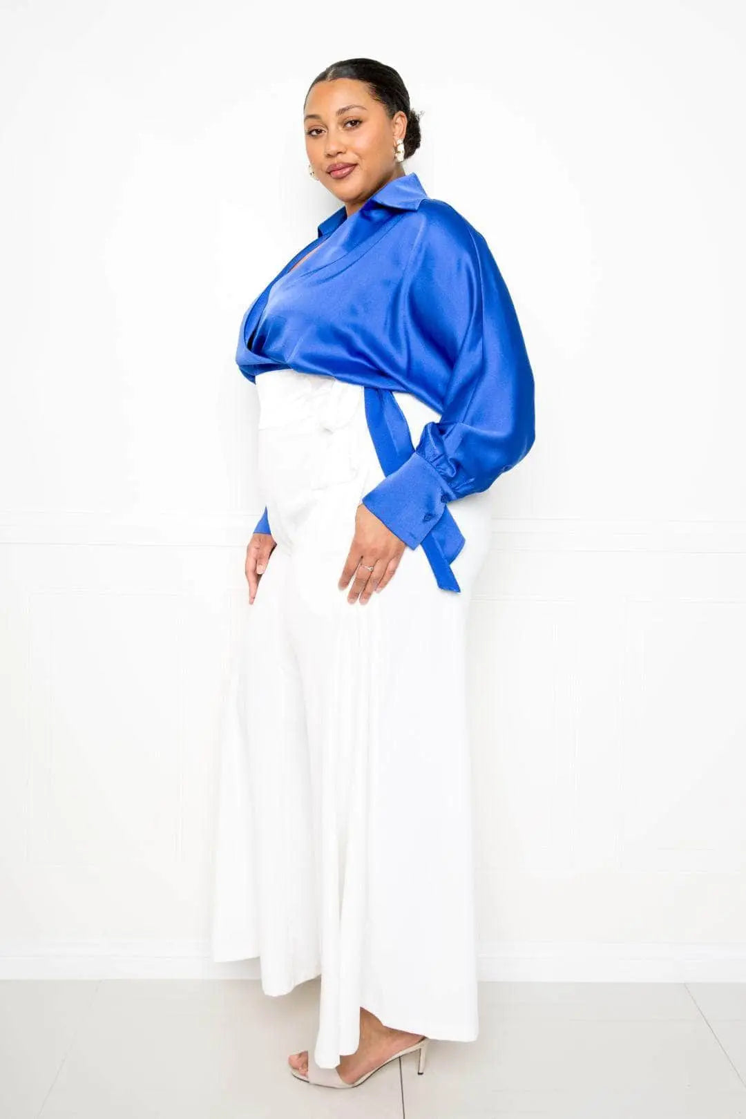 Satin Long Sleeve Tie Waist Wrap Top Blue Zone Planet