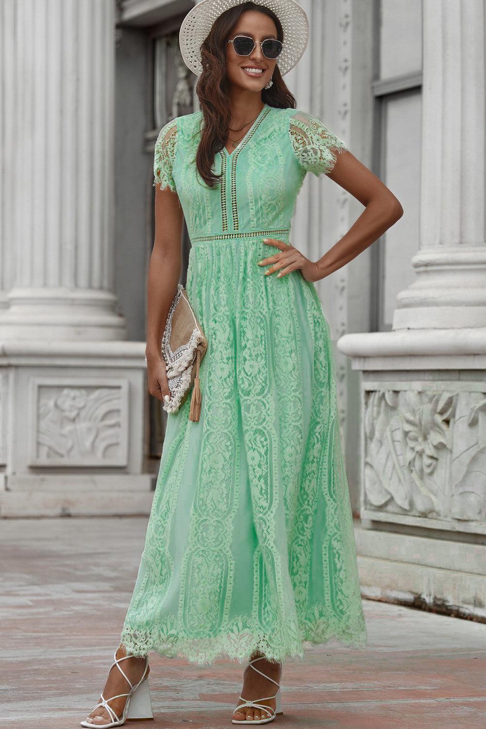 Scalloped Trim Lace Plunge Dress BLUE ZONE PLANET