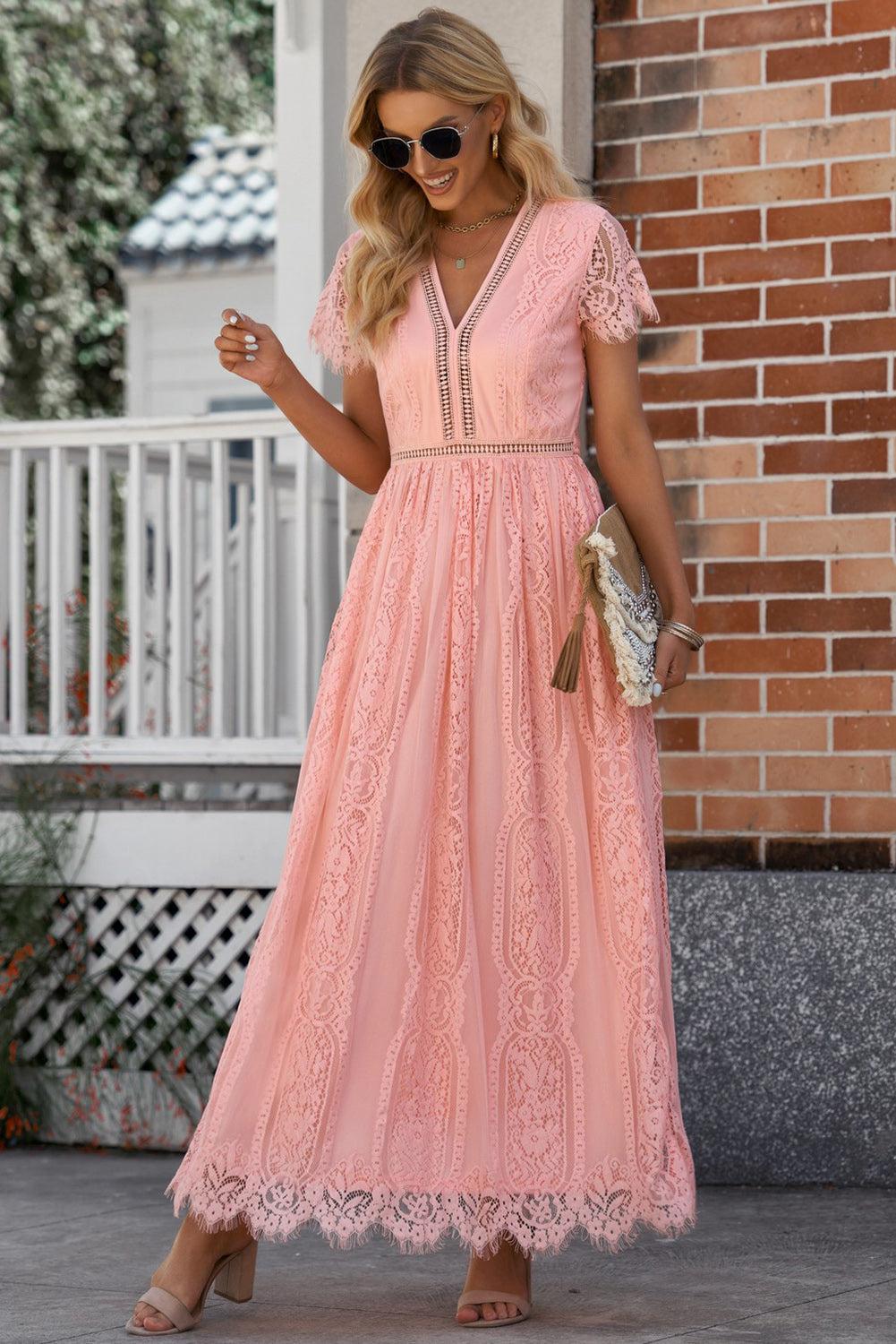 Scalloped Trim Lace Plunge Dress BLUE ZONE PLANET