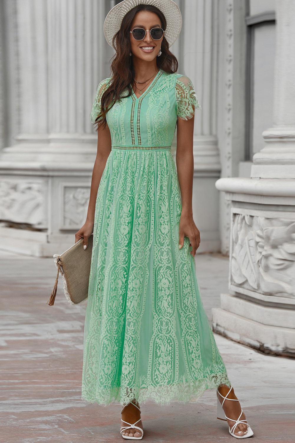 Scalloped Trim Lace Plunge Dress BLUE ZONE PLANET