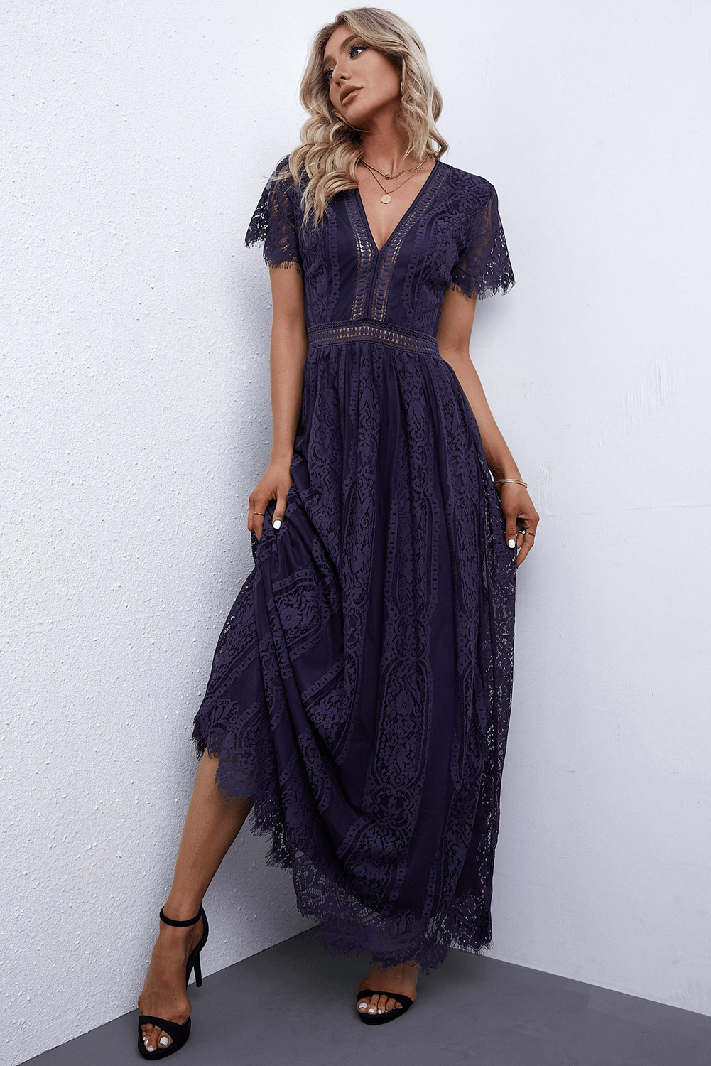 Scalloped Trim Lace Plunge Dress BLUE ZONE PLANET