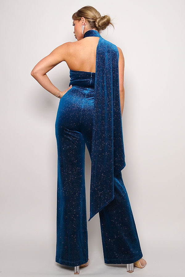 Scarf Top Glitter Velvet Jumpsuit Blue Zone Planet