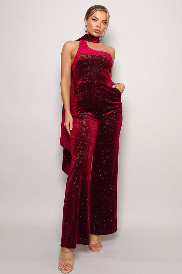 Scarf Top Glitter Velvet Jumpsuit Blue Zone Planet