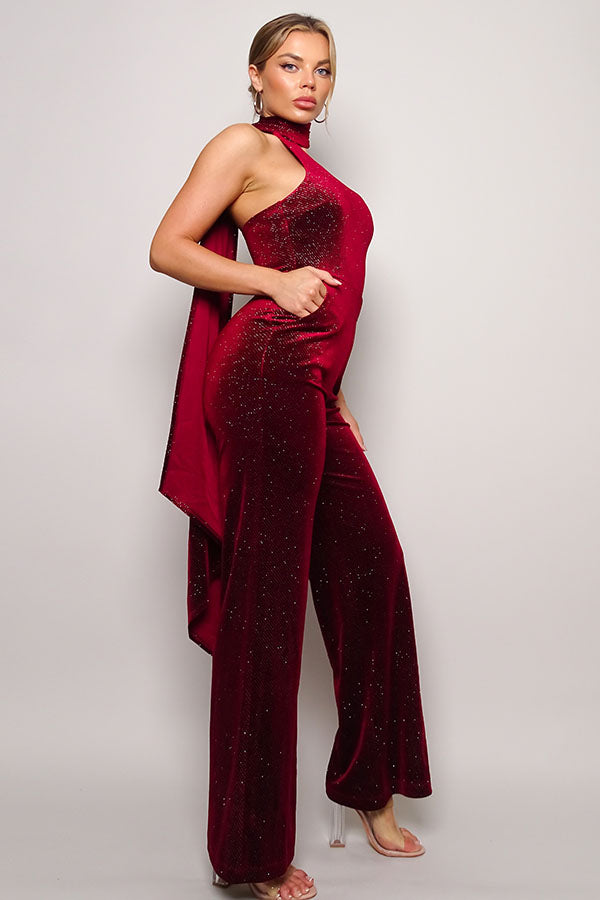 Scarf Top Glitter Velvet Jumpsuit Blue Zone Planet