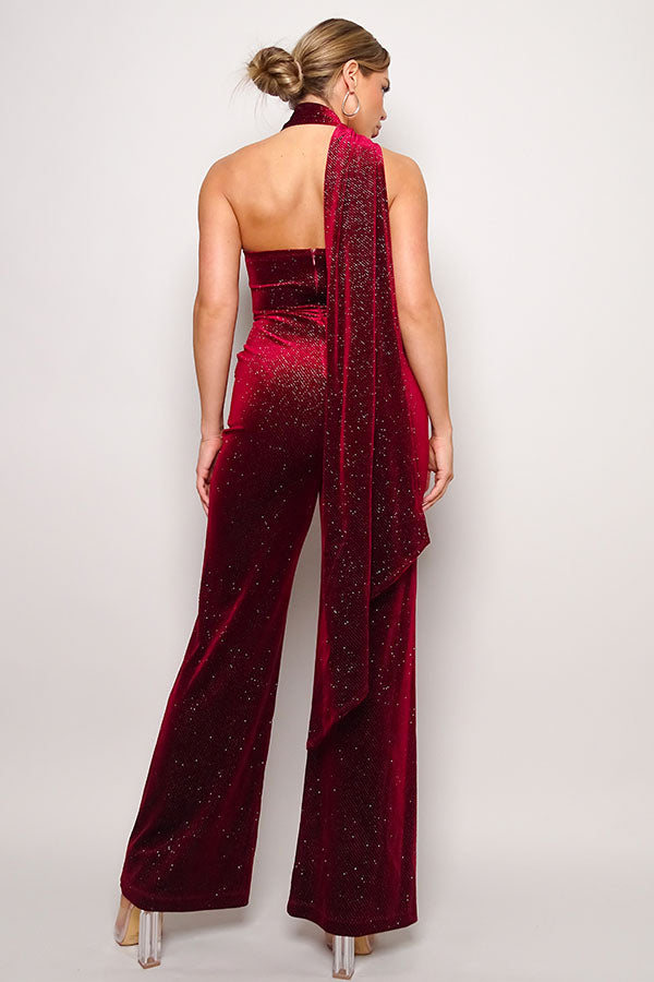 Scarf Top Glitter Velvet Jumpsuit Blue Zone Planet
