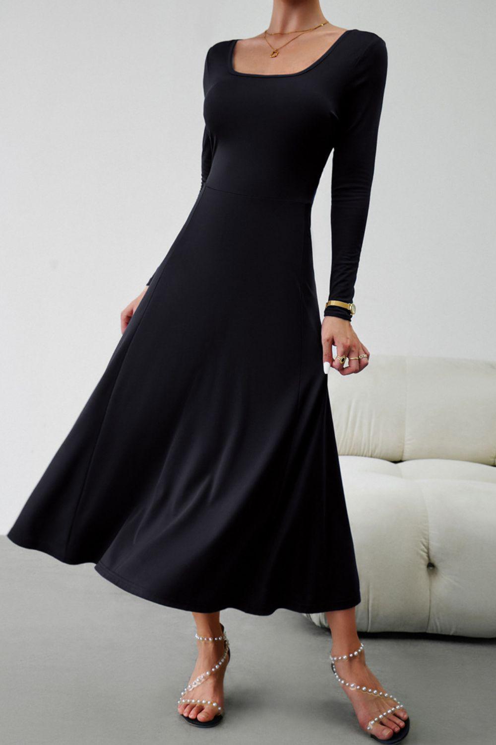 Scoop Neck Long Sleeve Lace-Up Maxi Dress BLUE ZONE PLANET