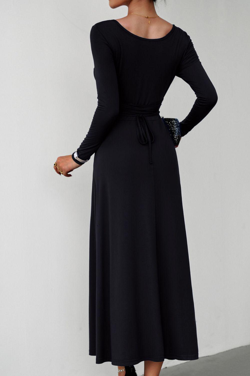 Scoop Neck Long Sleeve Lace-Up Maxi Dress BLUE ZONE PLANET