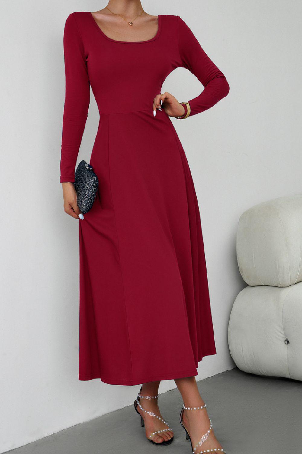 Scoop Neck Long Sleeve Lace-Up Maxi Dress BLUE ZONE PLANET