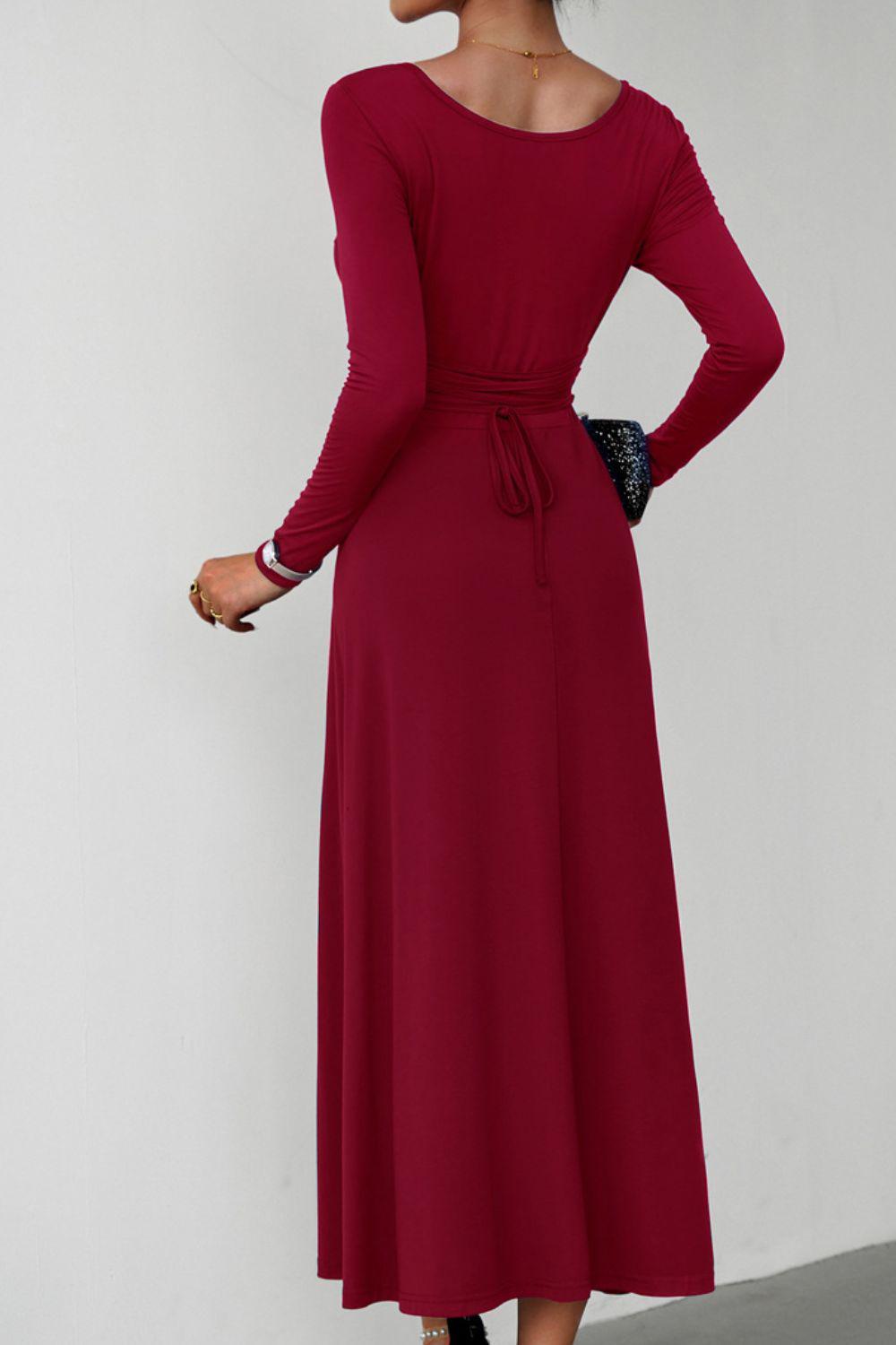 Scoop Neck Long Sleeve Lace-Up Maxi Dress BLUE ZONE PLANET