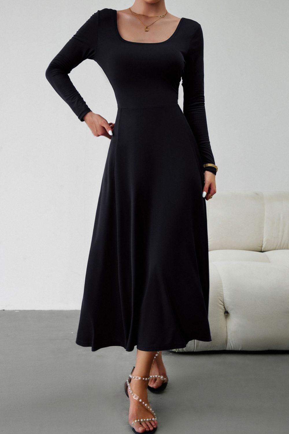 Scoop Neck Long Sleeve Lace-Up Maxi Dress BLUE ZONE PLANET