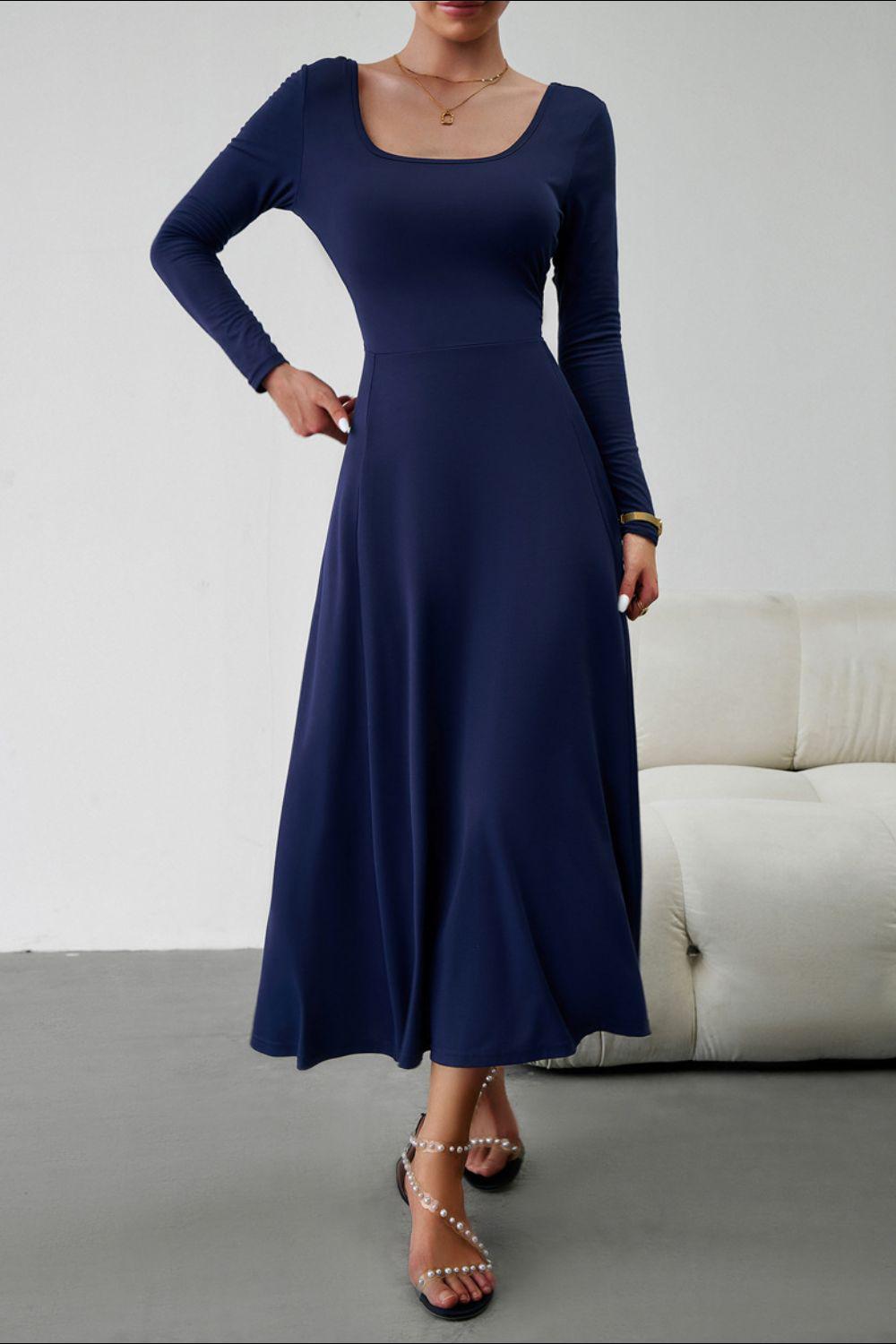 Scoop Neck Long Sleeve Lace-Up Maxi Dress BLUE ZONE PLANET