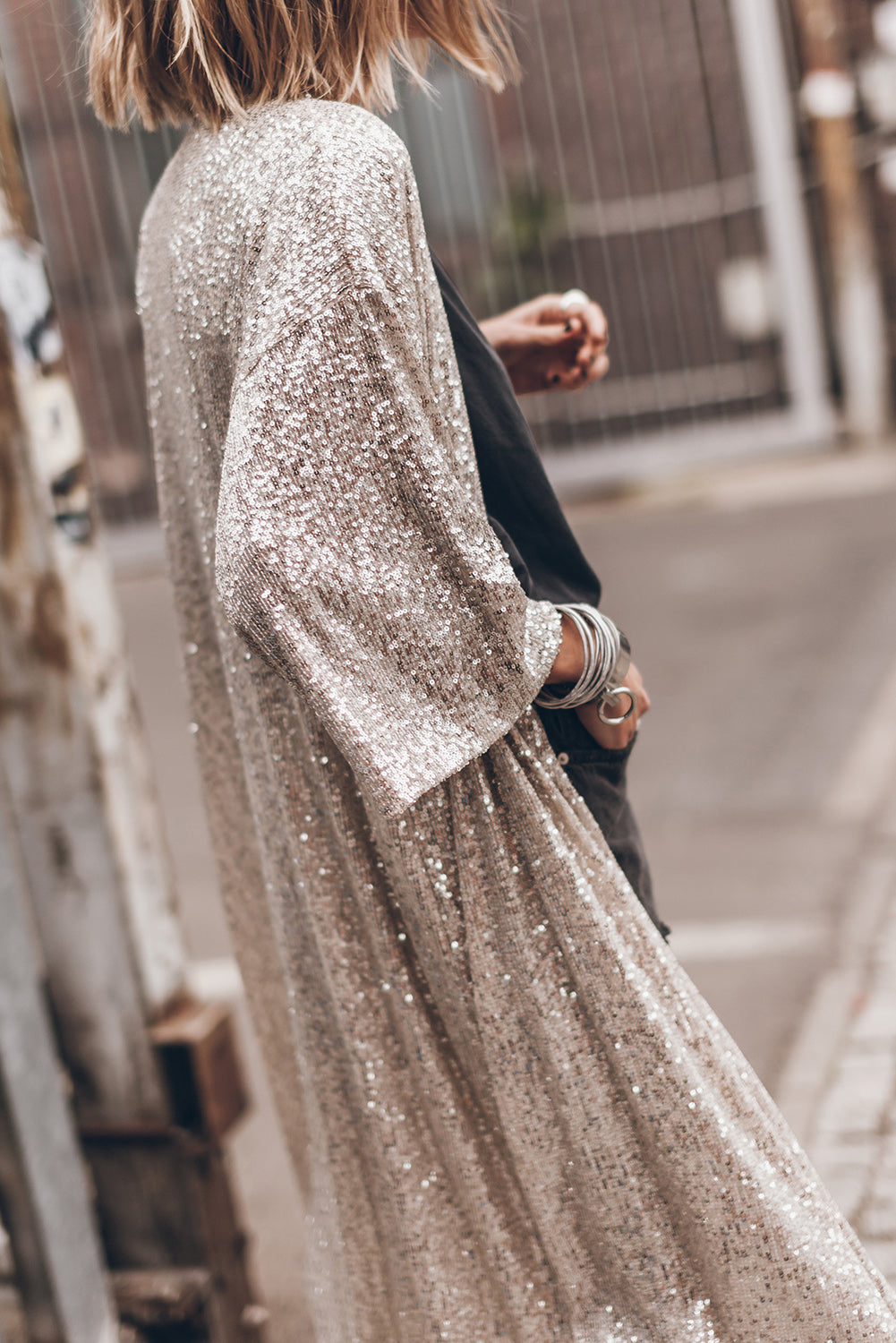 Sequin Open Front Duster Cardigan BLUE ZONE PLANET