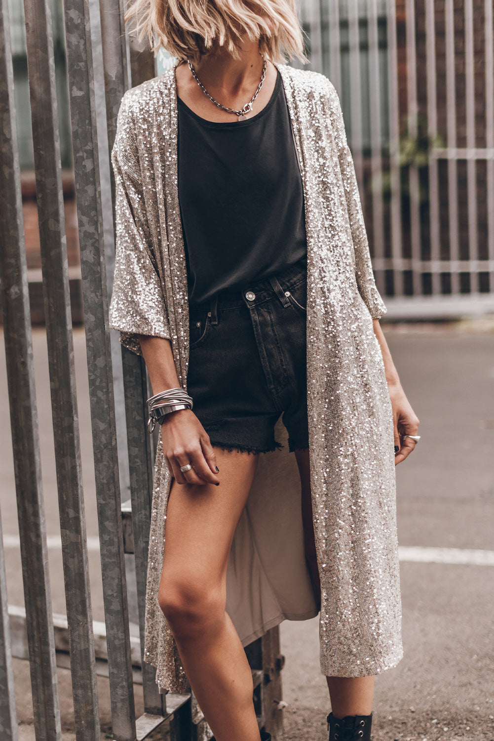 Sequin Open Front Duster Cardigan BLUE ZONE PLANET