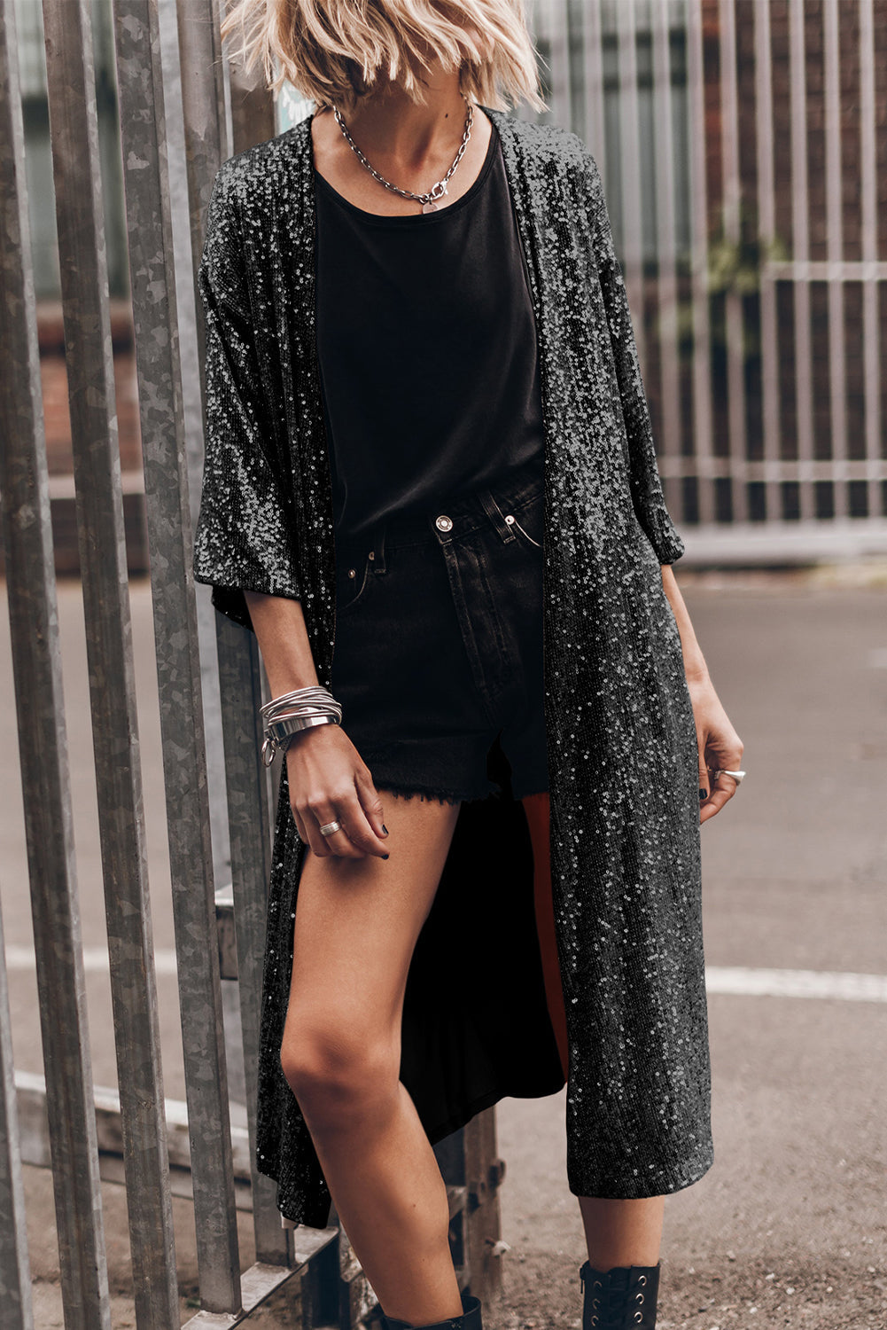 Sequin Open Front Duster Cardigan BLUE ZONE PLANET