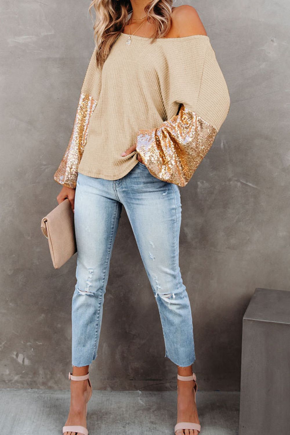 Sequin Waffle-Knit Blouse BLUE ZONE PLANET