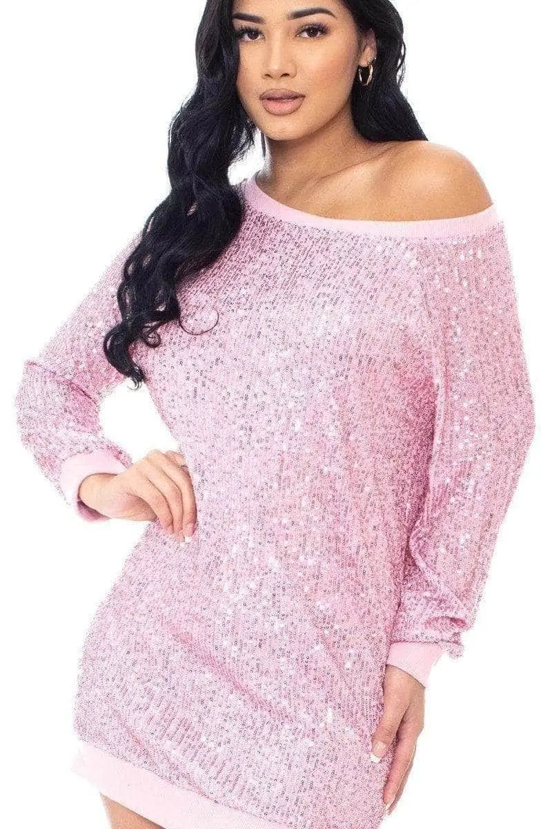 Sequin Wide-Neck Boxy Mini Dress Blue Zone Planet