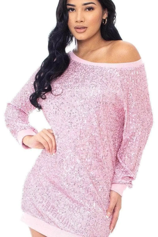 Sequin Wide-Neck Boxy Mini Dress Blue Zone Planet