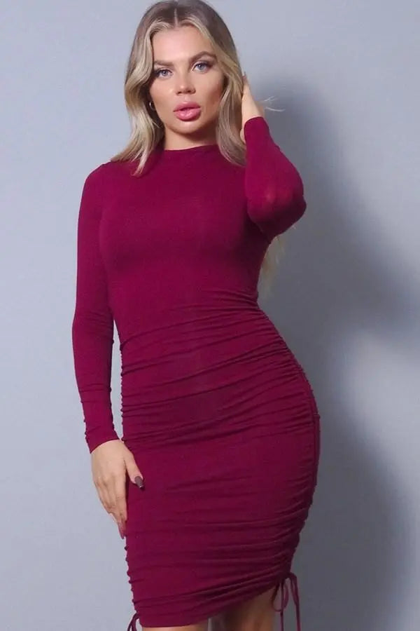 Sexy Long Sleeve Mock Neck Side Or Twist Ruching Mini Dress Blue Zone Planet