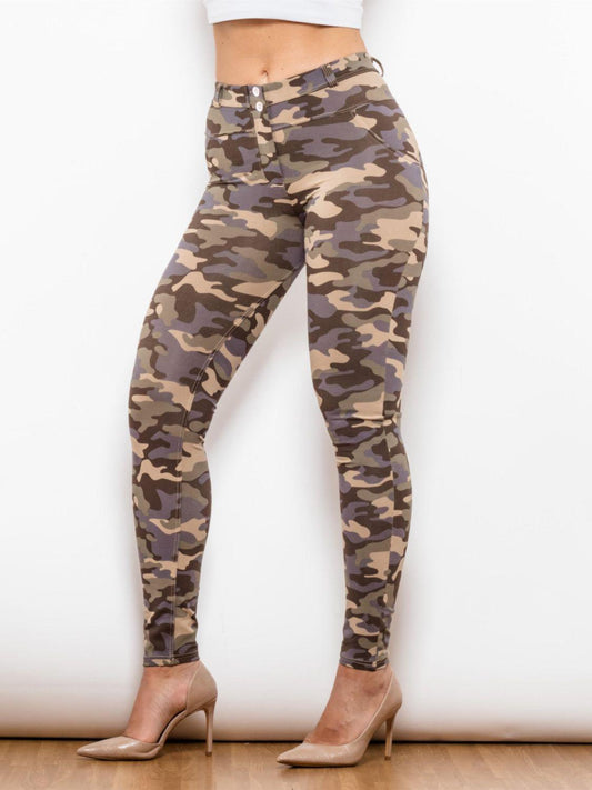Shascullfites  Full Size Camouflage Buttoned Leggings BLUE ZONE PLANET