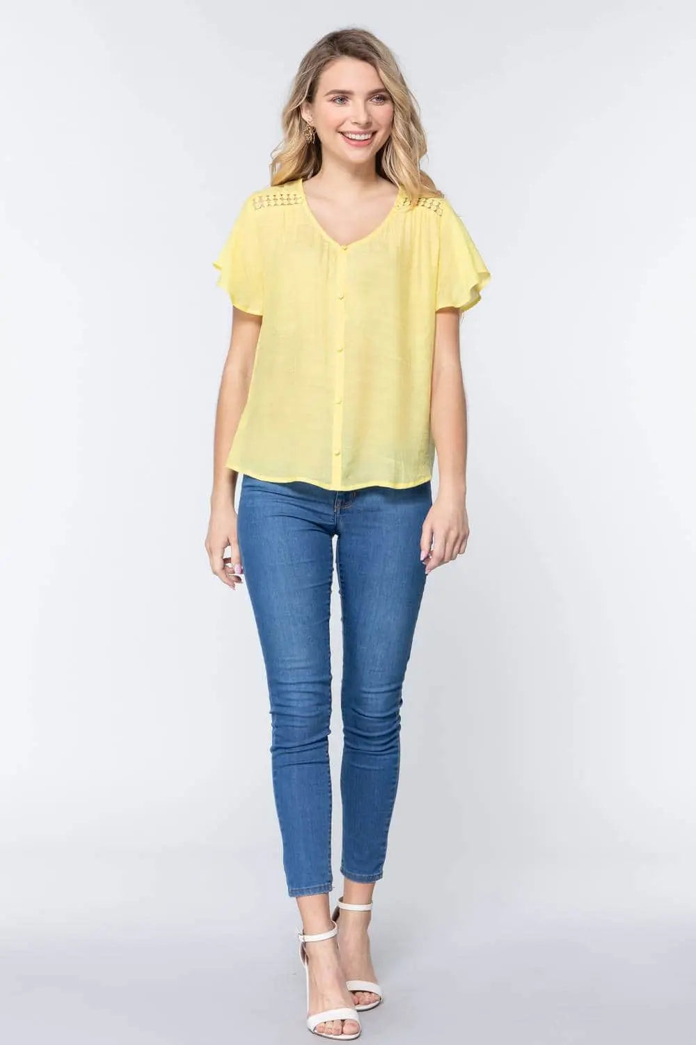 Short Ruffle Slv V-neck Woven Top Blue Zone Planet