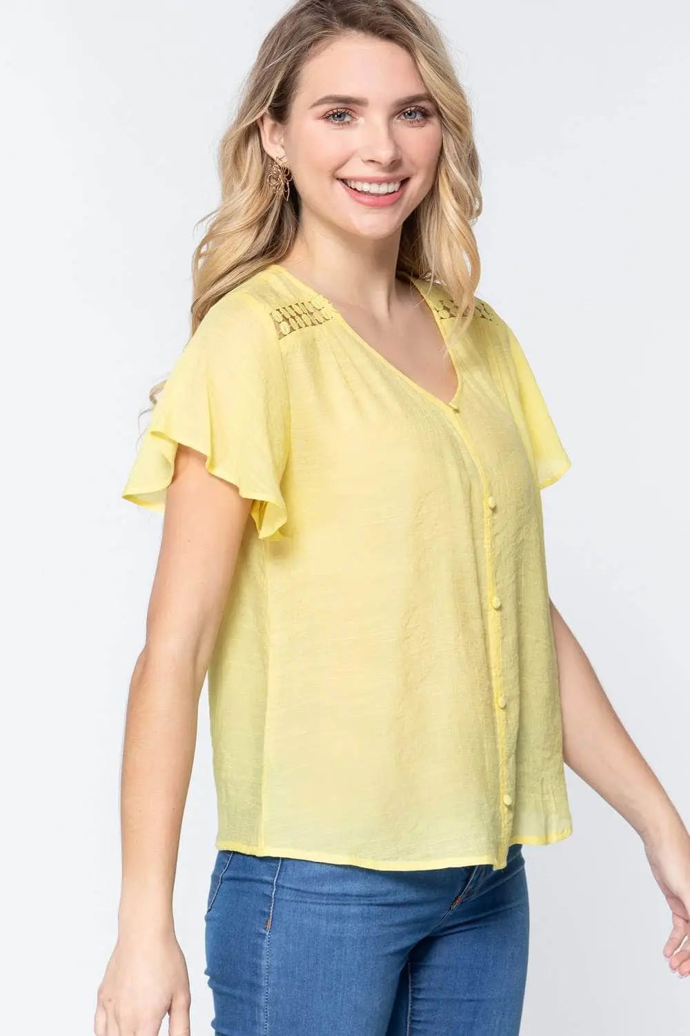 Short Ruffle Slv V-neck Woven Top Blue Zone Planet