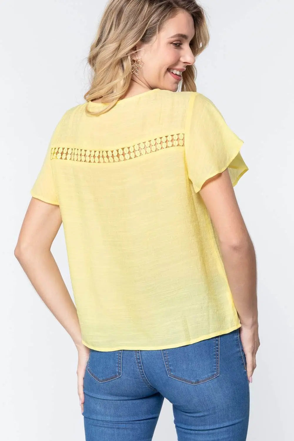 Short Ruffle Slv V-neck Woven Top Blue Zone Planet