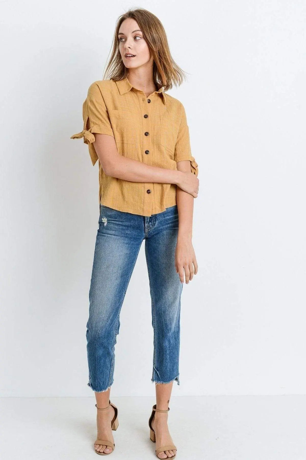 Short Sleeve Button Up Top With Tie Sleeve Blue Zone Planet