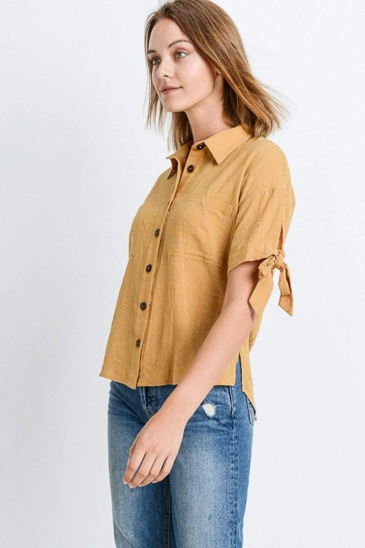 Short Sleeve Button Up Top With Tie Sleeve Blue Zone Planet