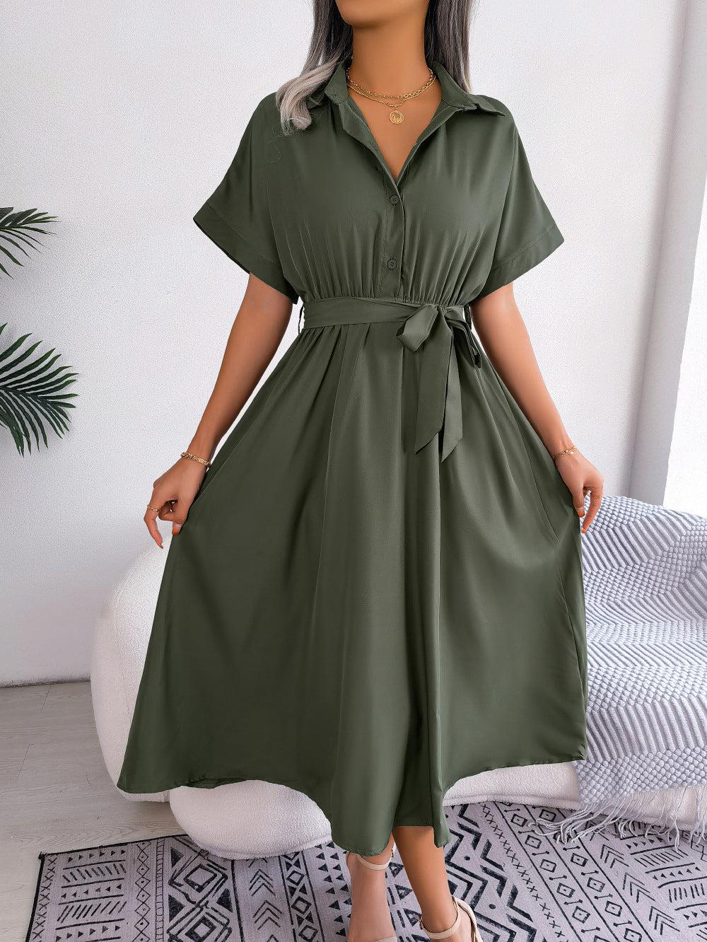 Short Sleeve Collared Tie Belt Dress BLUE ZONE PLANET