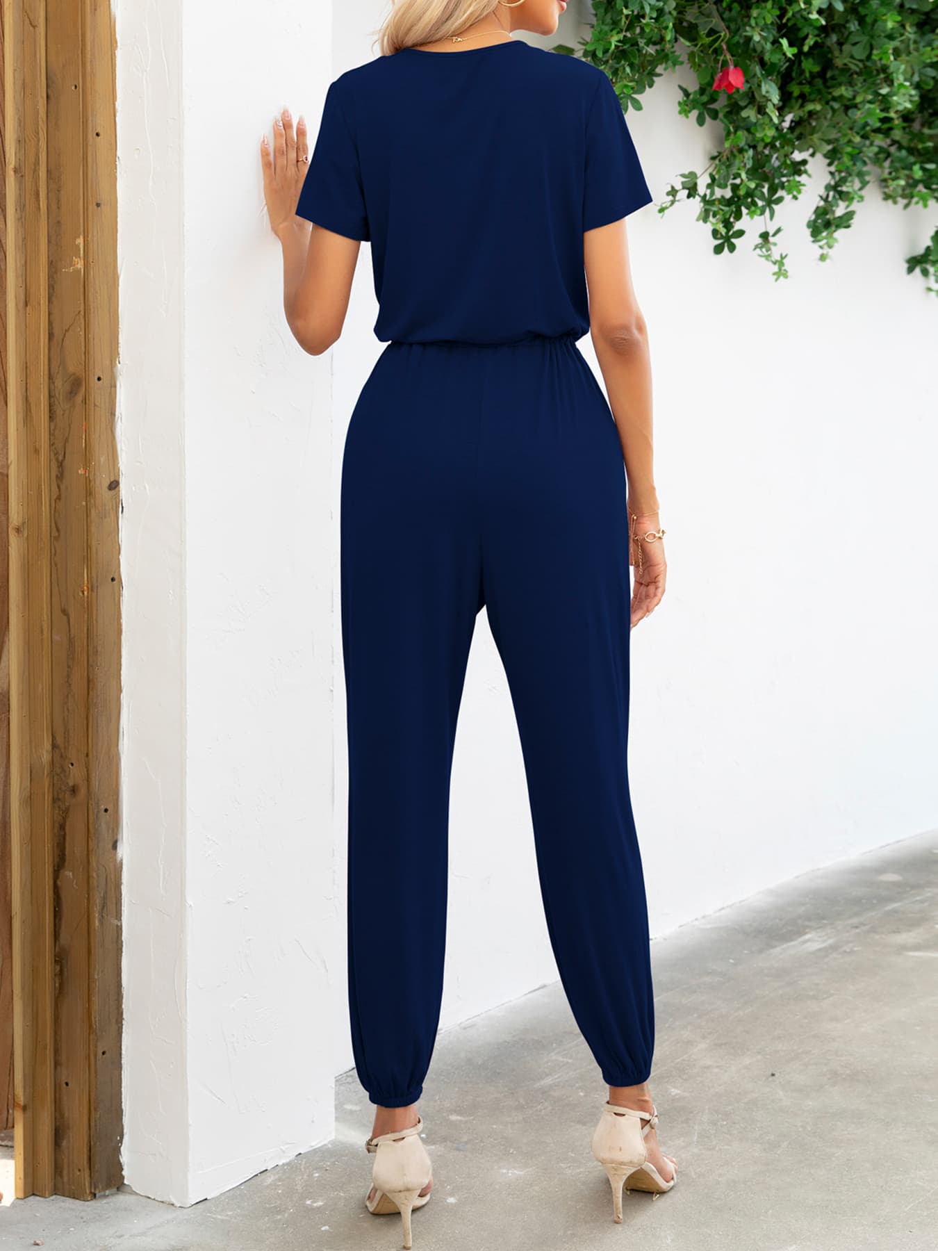 Short Sleeve V-Neck Jumpsuit with Pockets BLUE ZONE PLANET